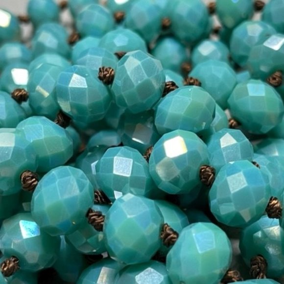 60" Gorgeous Teal Turquoise Blue Hand Knotted Glass Faceted Flapper Beads Vntg - Picture 4 of 10
